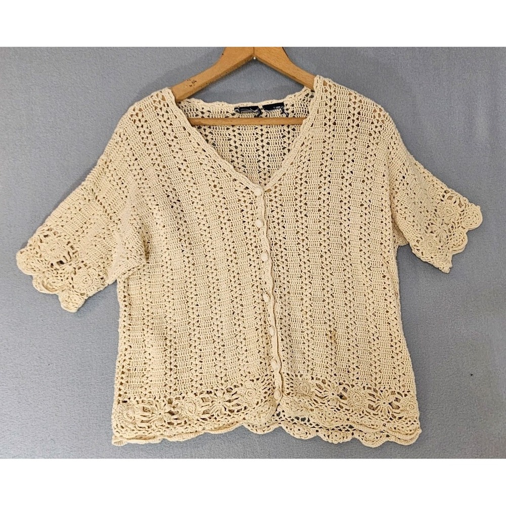VTG Cream Crochet Cardigan Scalloped Open Knit Grannycore Coquette Cottagecore S